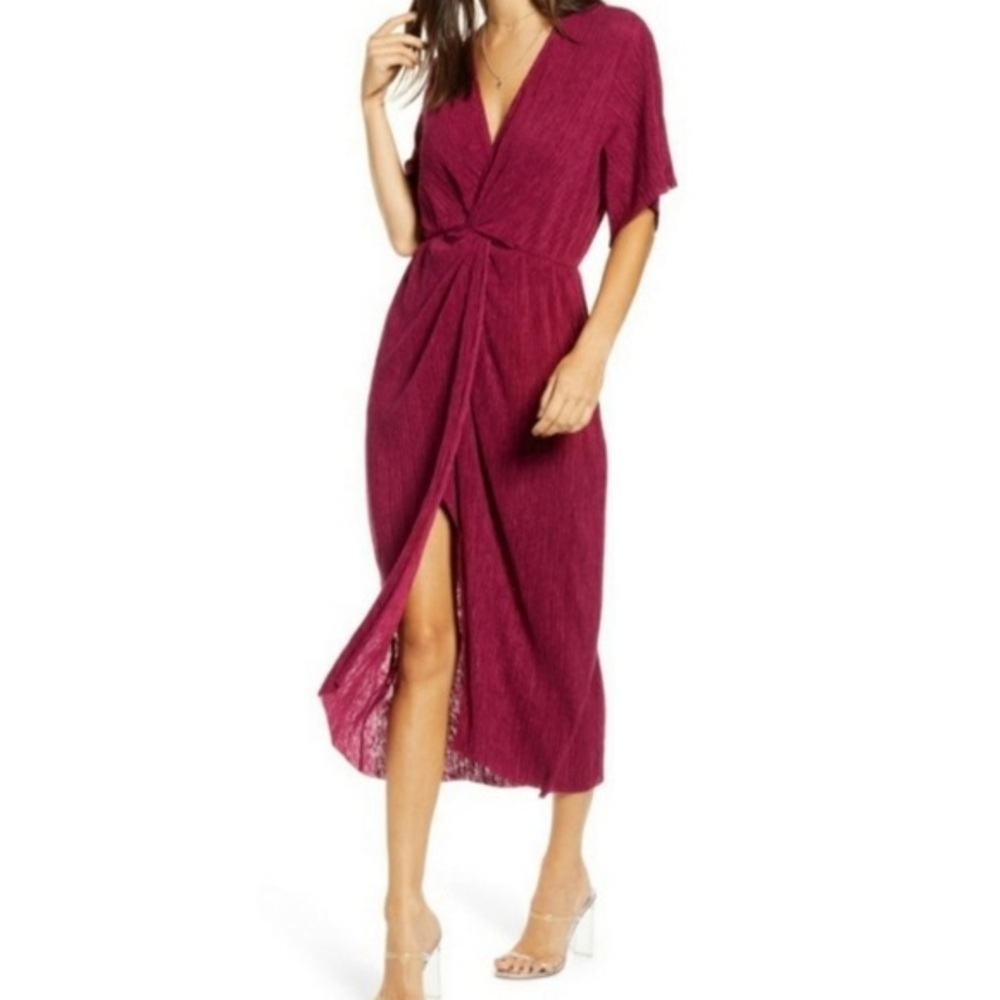 All in Favor Fuchsia Wrap Detail Midi Dress – Women’s Small Wedding Guest Outfit